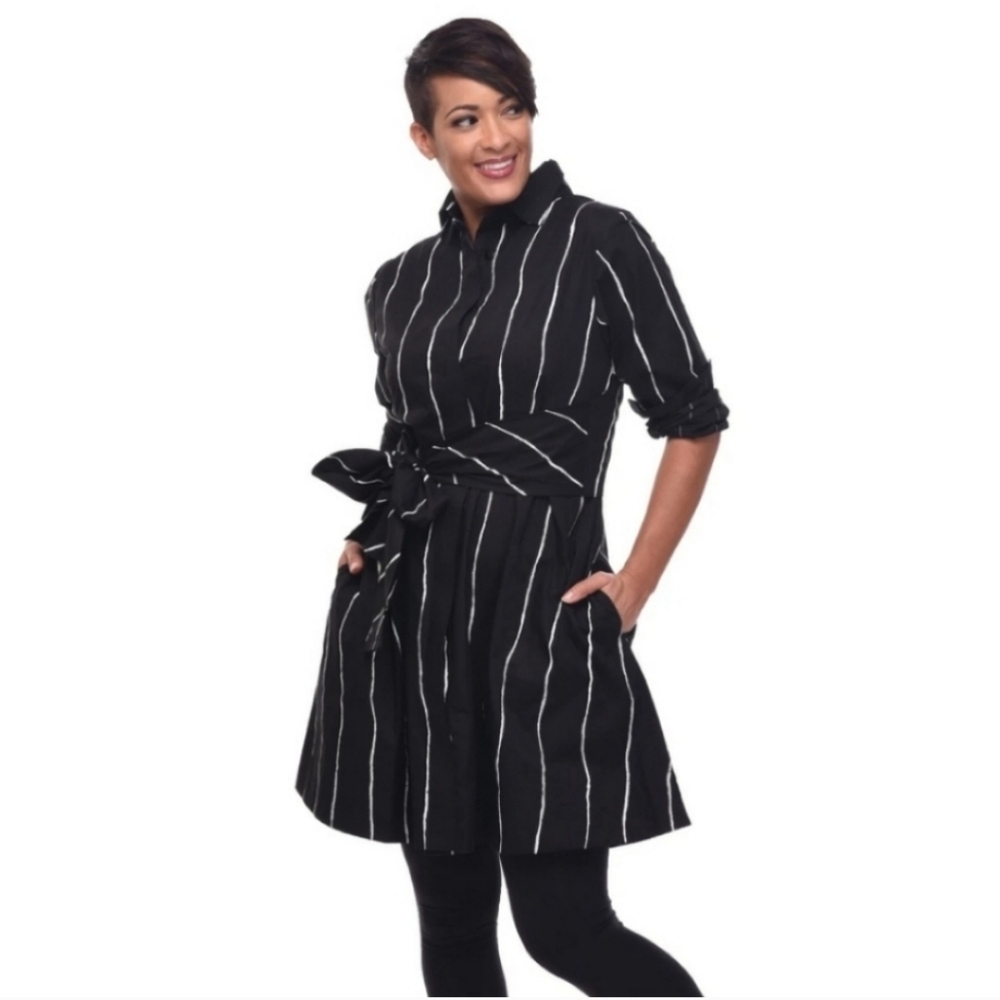 Snapdragon & Twig Static Stipe Button Down Dress Black & White Size XS NWT
